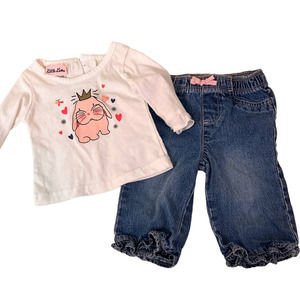 *Little Lass bunny long sleeve tee, Jumping Beans jeans Baby girl Bundle 3-6 mo.